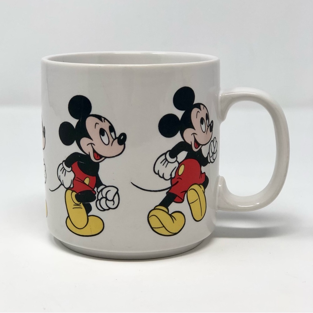 Mickey Mouse White Ceramic Coffee Cup Mug Made in Korea Wraparound Print Vintage